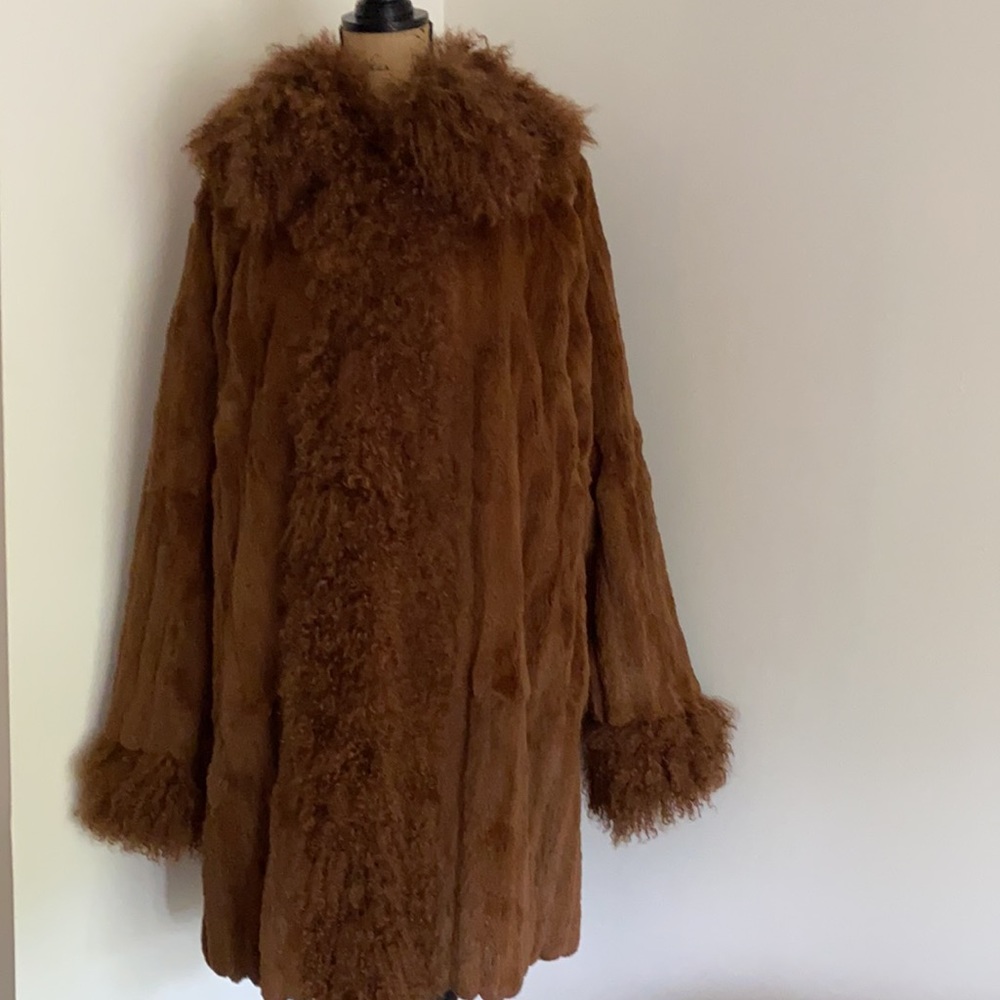 Reversible Rabbit Fur/ Mongolian Sheep Trim Long Soft Coat Women's XL